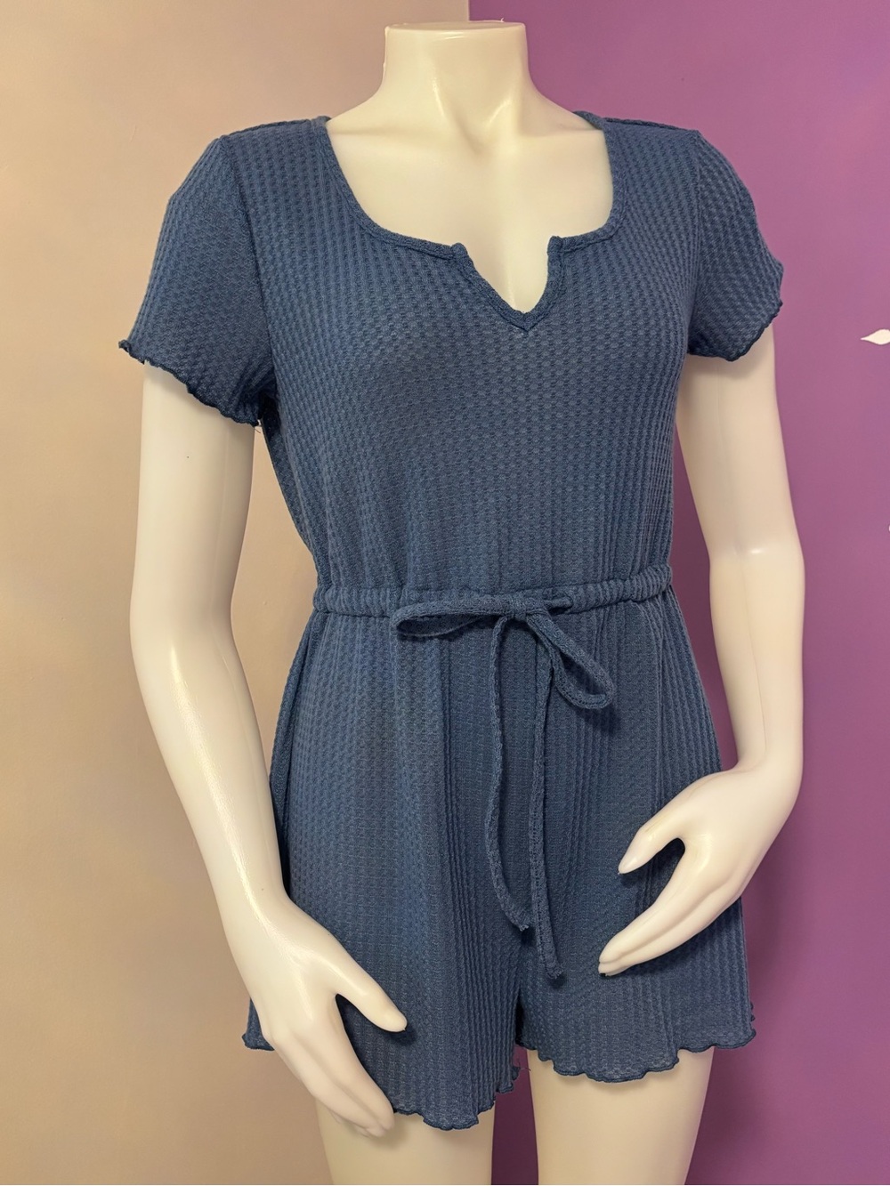 SHEIN Blue Waffle-Knit Short Sleeve Romper with Tie Waist
